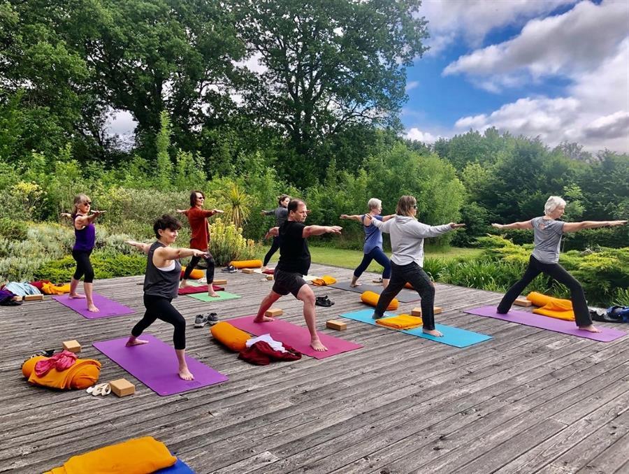 Yoga on deck at Chateau du Bardouly May 2022